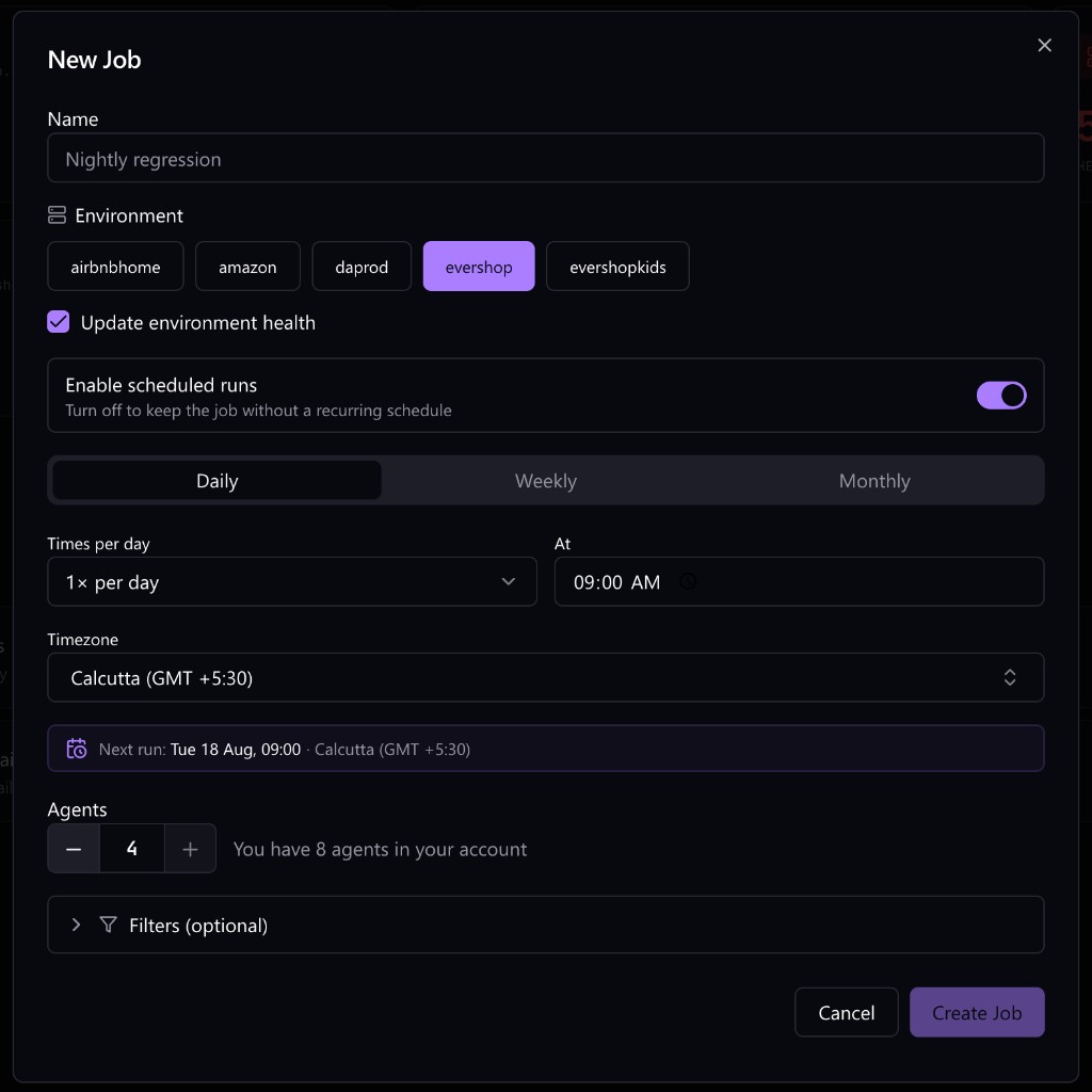 Scheduled nightly regression job on Cloud Agent