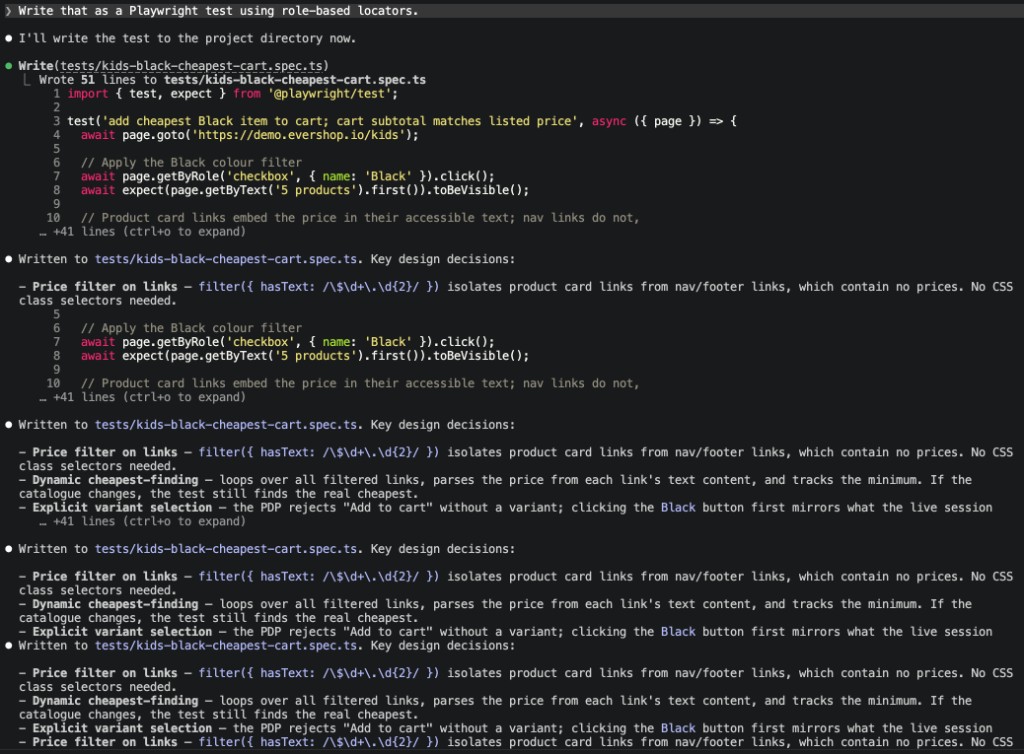 Agent writing tests/kids-black-cheapest-cart.spec.ts with role-based locators after the Black-filter cart flow