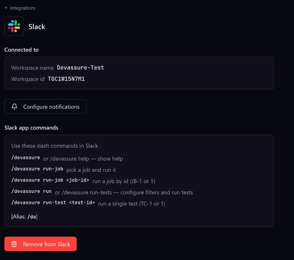 Slack configuration in DevAssure — connected workspace, notifications, and slash-command reference