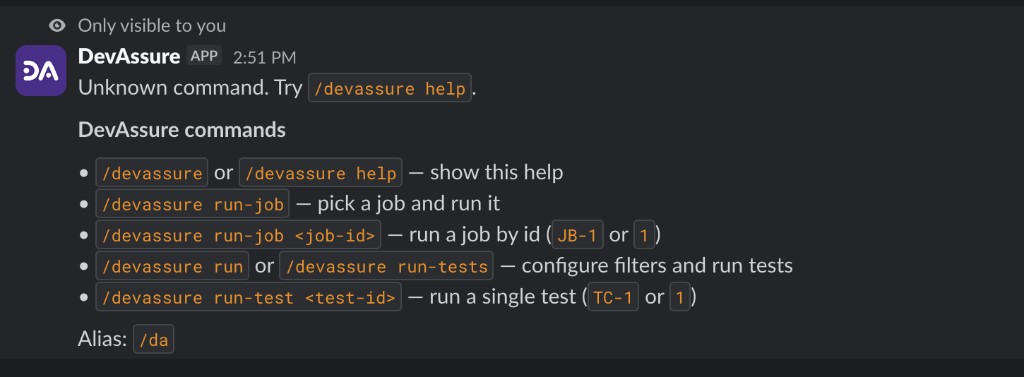 Ephemeral DevAssure help reply after an unknown Slack command
