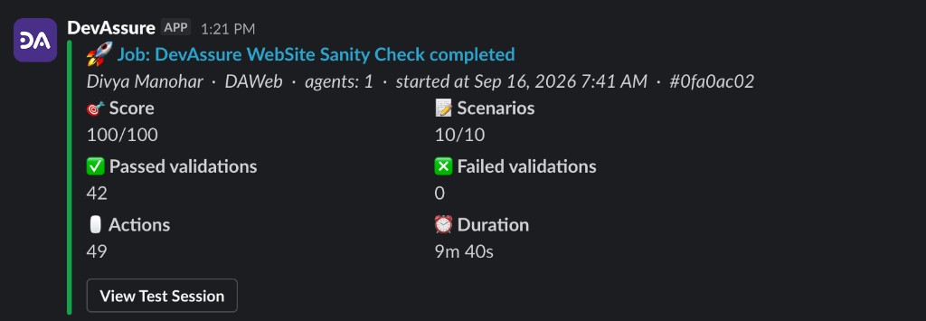 DevAssure WebSite Sanity Check completed in Slack — 100/100 score, 10/10 scenarios