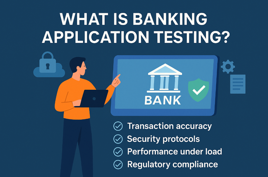 Illustration showing banking app testing focus on accuracy, security, performance, compliance.