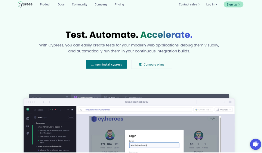Cypress homepage displaying fast end-to-end testing framework