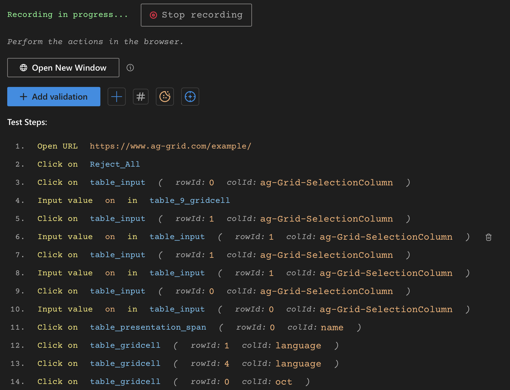 DevAssure's recorder for AG Grid