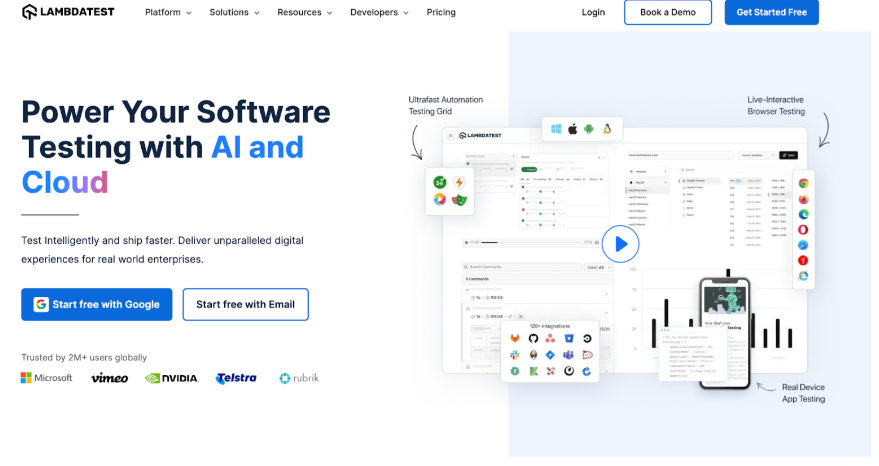 LambdaTest cloud testing platform showing cross-browser and real device testing infrastructure