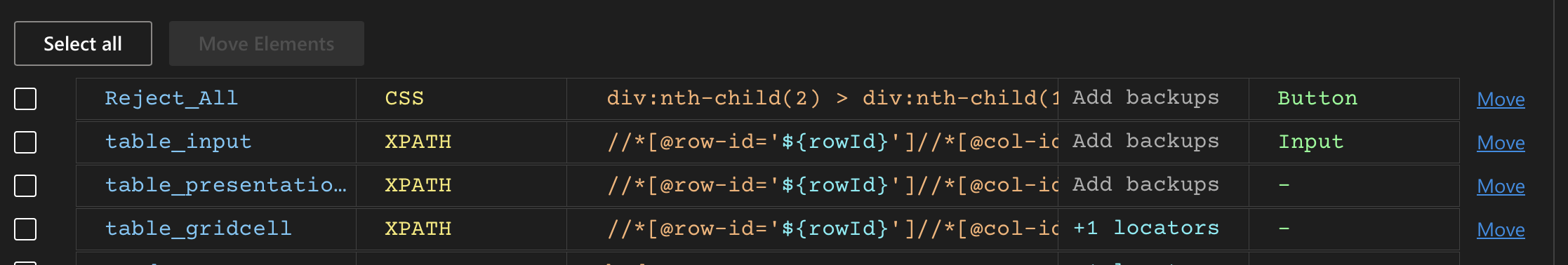 Locators identified by DevAssure's recorder