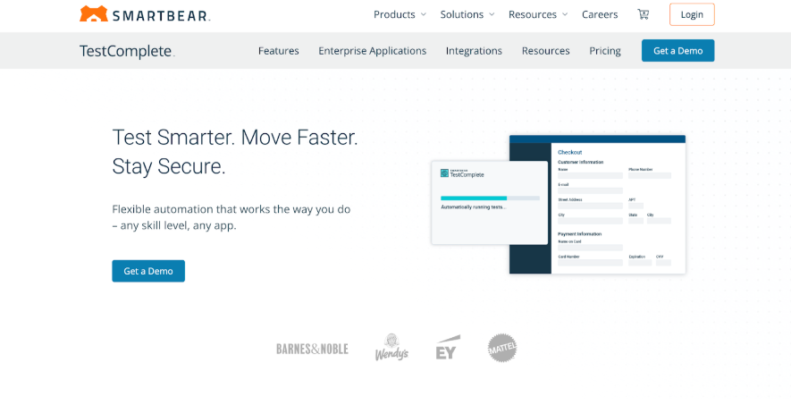 TestComplete website showcasing UI test automation for desktop, web, and mobile apps.